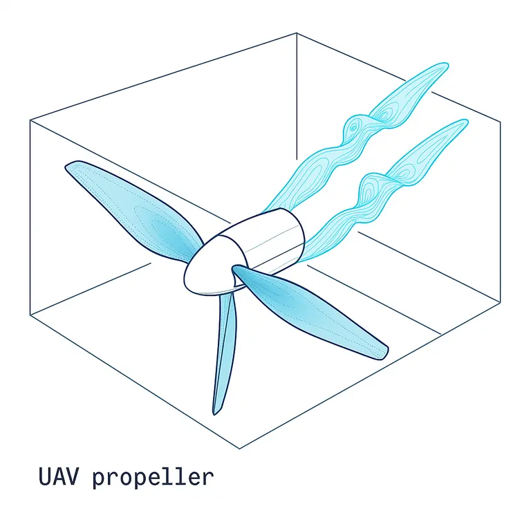 CFD vortex iso-surfaces trailing from a UAV propeller in a wind tunnel.