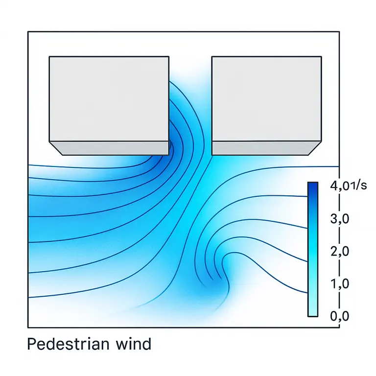 Pedestrian wind simulation in an urban canyon, velocity contour at 1.5 m height.