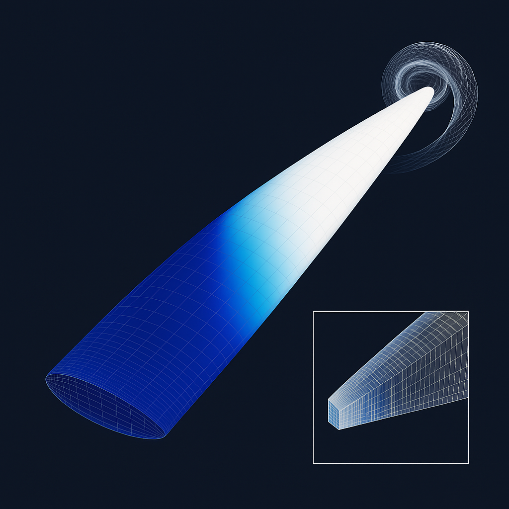 Wind-turbine blade section with pressure-coefficient colormap and boundary-layer mesh inset.