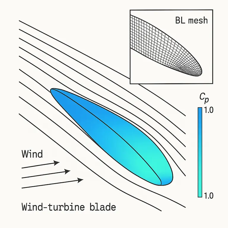 Wind-turbine blade section with pressure-coefficient colormap and boundary-layer mesh inset.